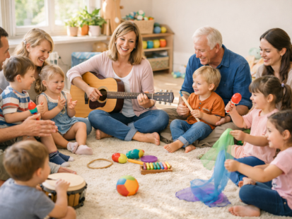 Musikstunde mit fröhlichen Kindern und Eltern