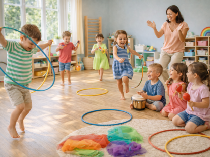 Rhythmklasse mit fröhlichen Kindern